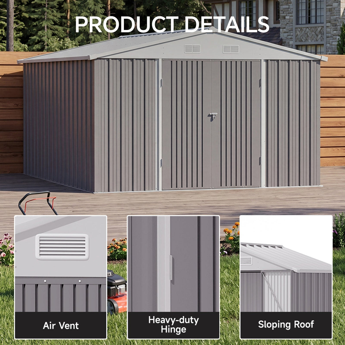 10 ft Wide Metal Garden Storage Shed with Apex Roof