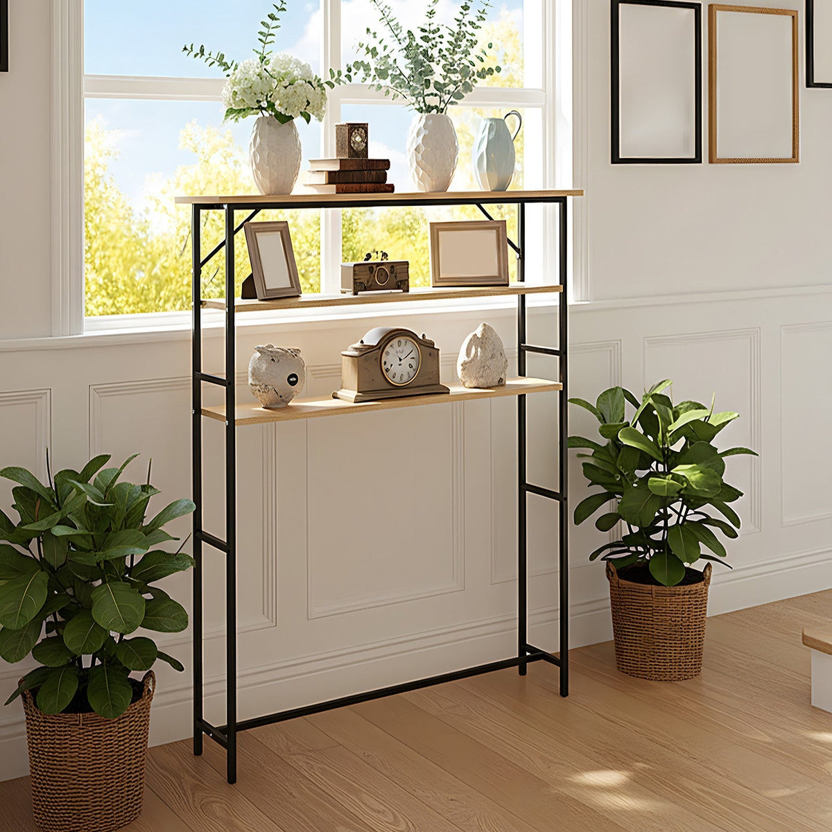 Garden Sanctuary 3-tier wood-grain narrow console table rack with three spacious shelves for stylish storage.