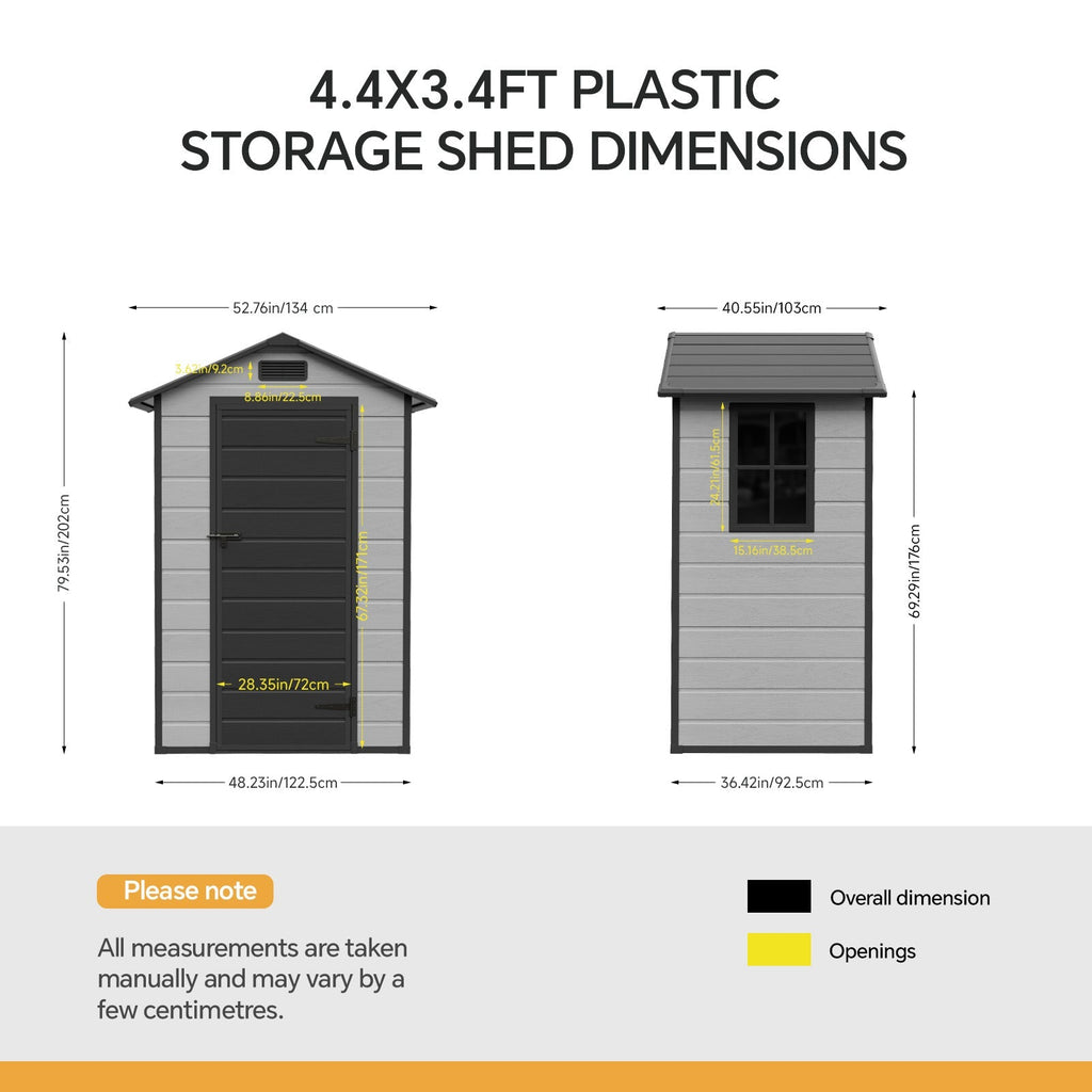 4.4 x 3.4 ft Plastic Garden Storage Shed with Apex Roof & Lockable Hinged Door