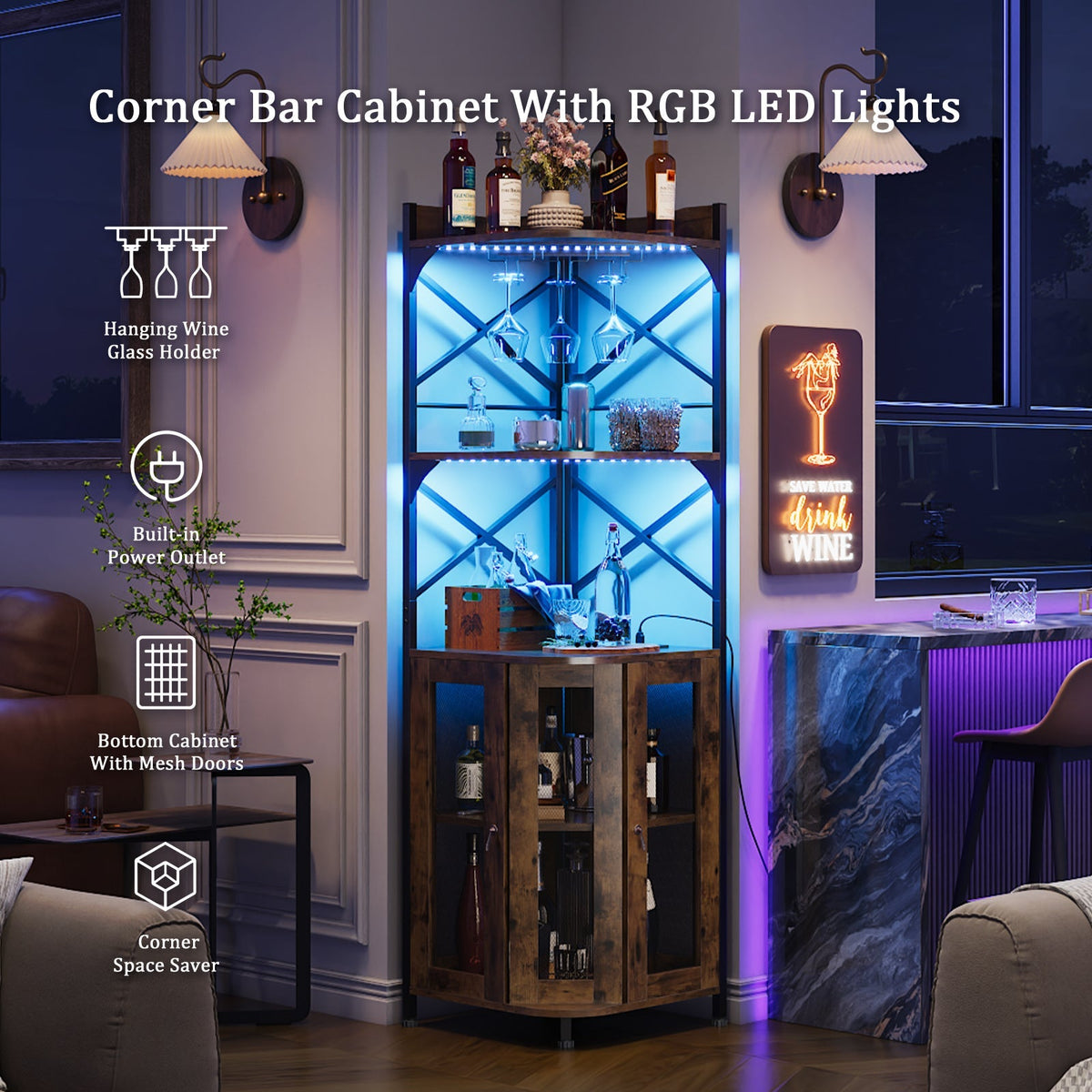 5-Tier Corner Bar Cabinet with Built-in Power Outlet and LED Lights