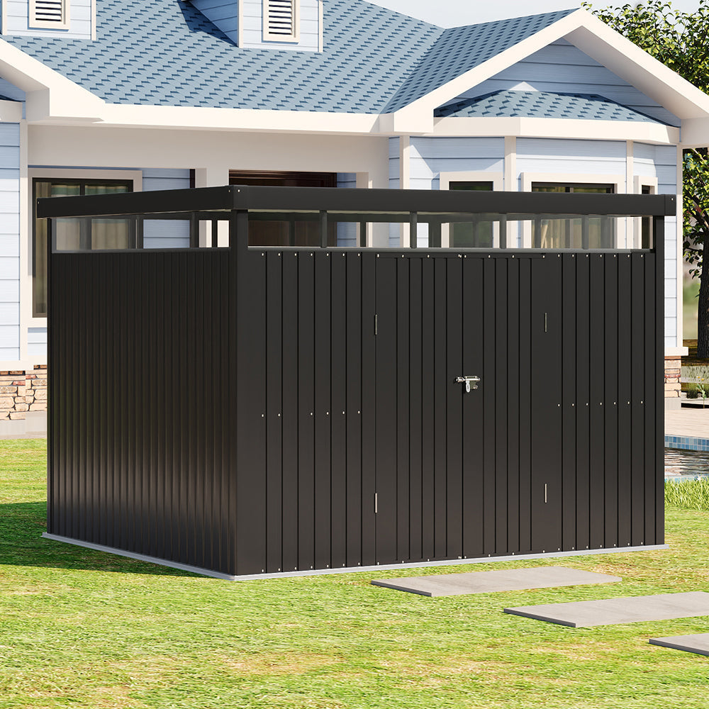 10 x 8 ft Metal Garden Storage Shed with Flat Roof & Double Doors