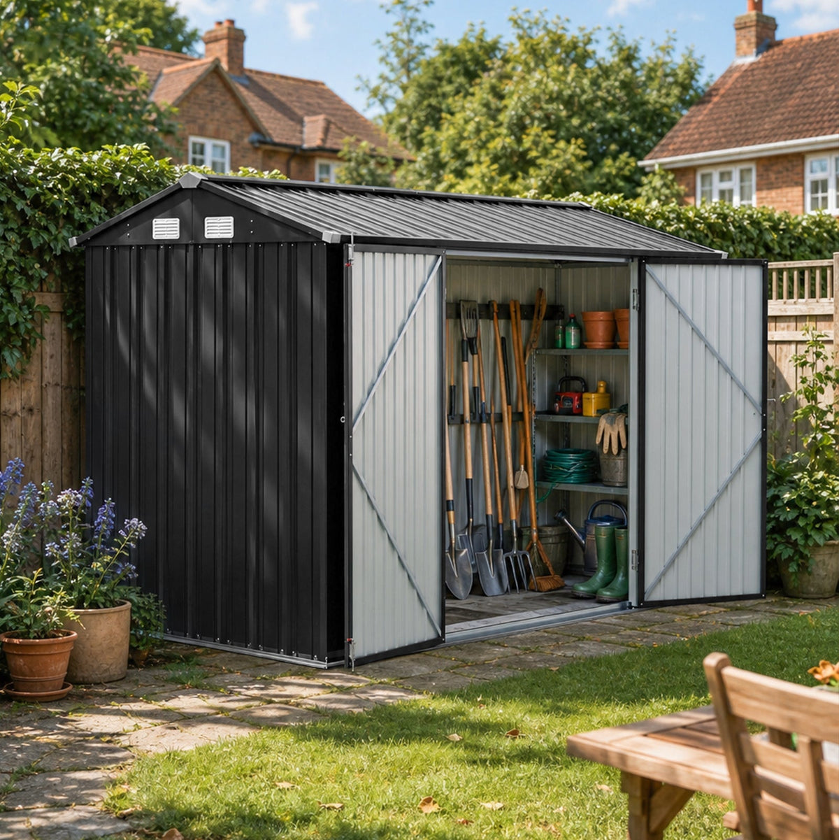 10 x 7 ft Metal Garden Storage Shed with Apex Roof & Double Doors