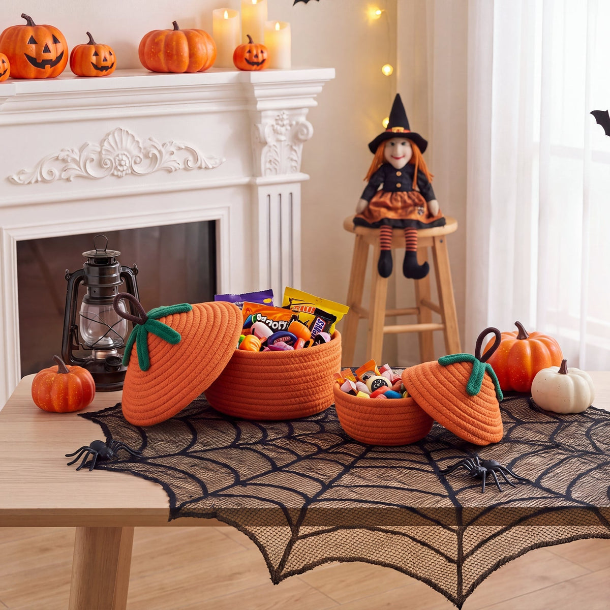 2-Piece Decorative Halloween Pumpkin Woven Baskets with Lids