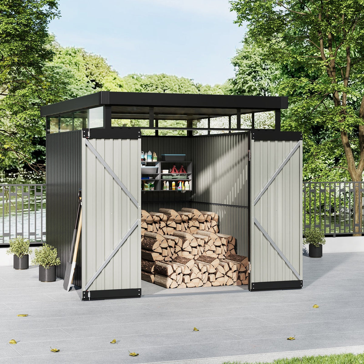 2 x 2.6m Metal Garden Storage Shed with Flat Roof & Lockable Double Doors