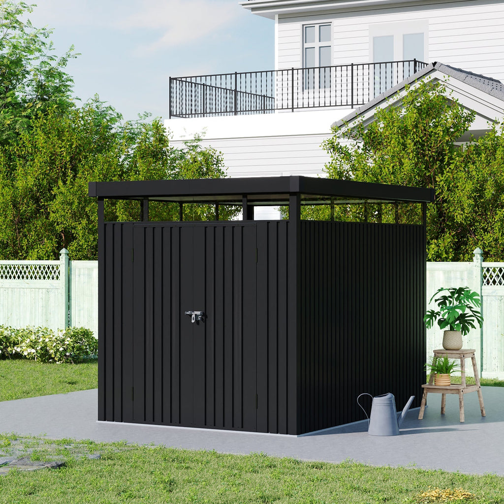 2 x 2.6m Metal Garden Storage Shed with Flat Roof & Lockable Double Doors