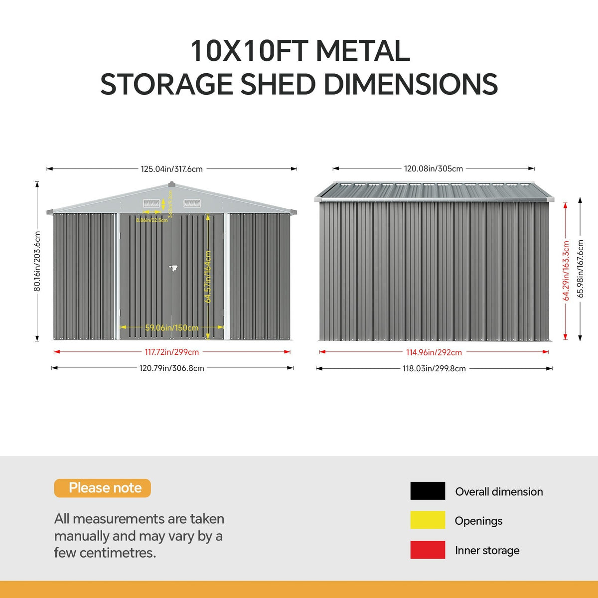 10 ft Wide Metal Garden Storage Shed with Apex Roof