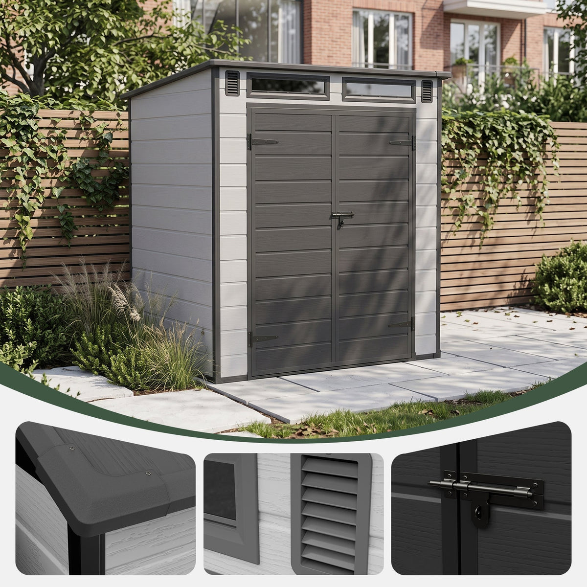 6 x 4 ft Plastic Garden Storage Shed with Pent Roof & Lockable Double Doors