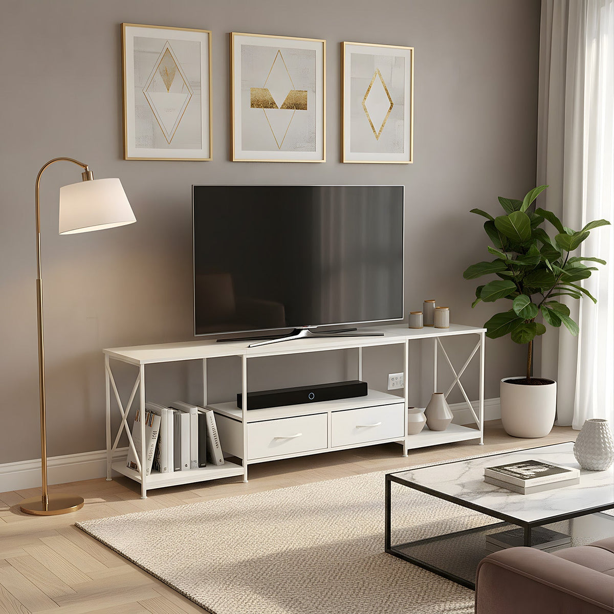 160cm White TV Stand with 2 Fabric Drawers & Open Shelves