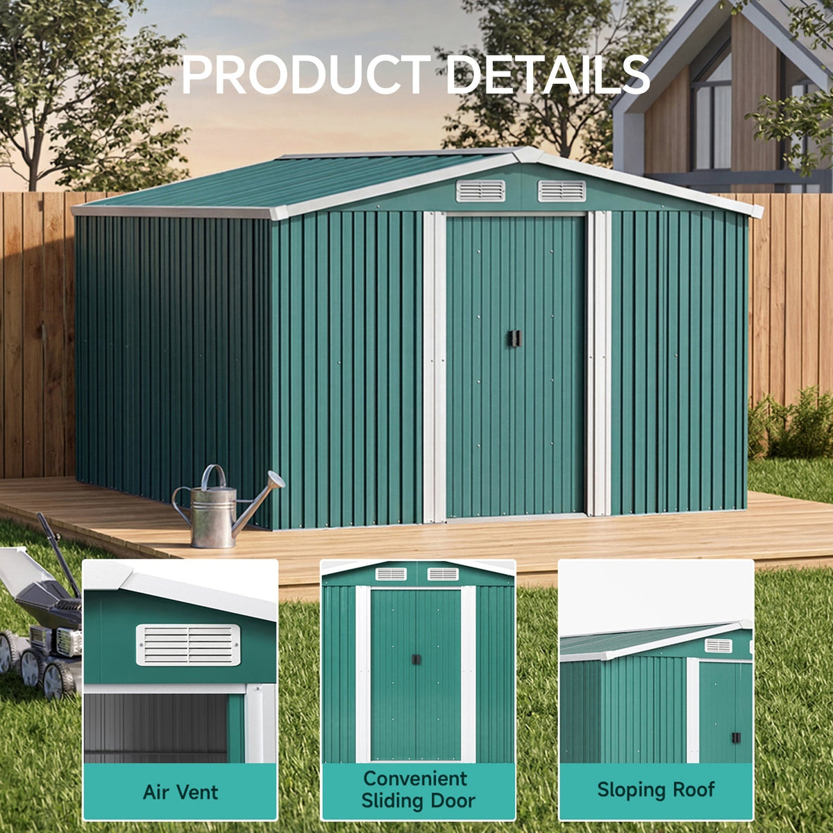 8 x 10 ft Metal Garden Storage Shed with Apex Roof & Double Doors