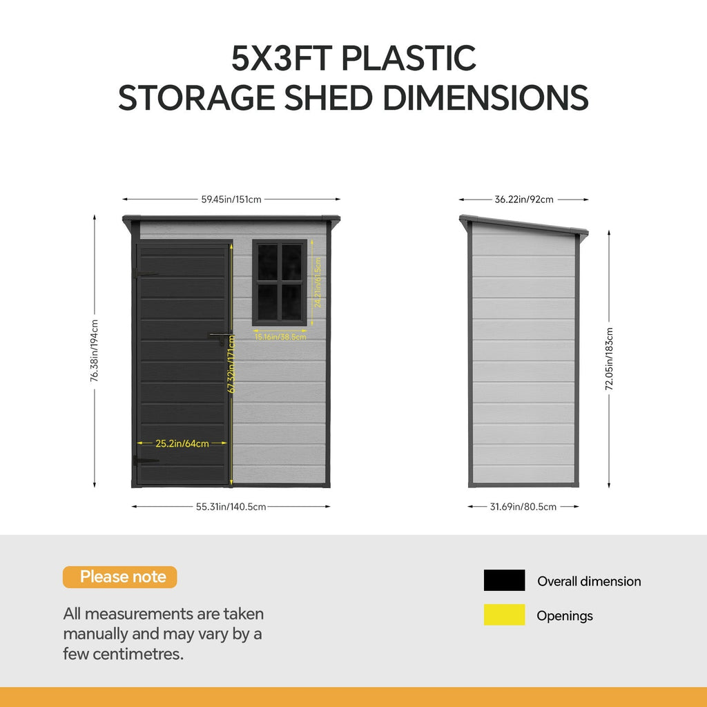 5 x 3 ft Plastic Garden Storage Shed with Pent Roof & Lockable Door
