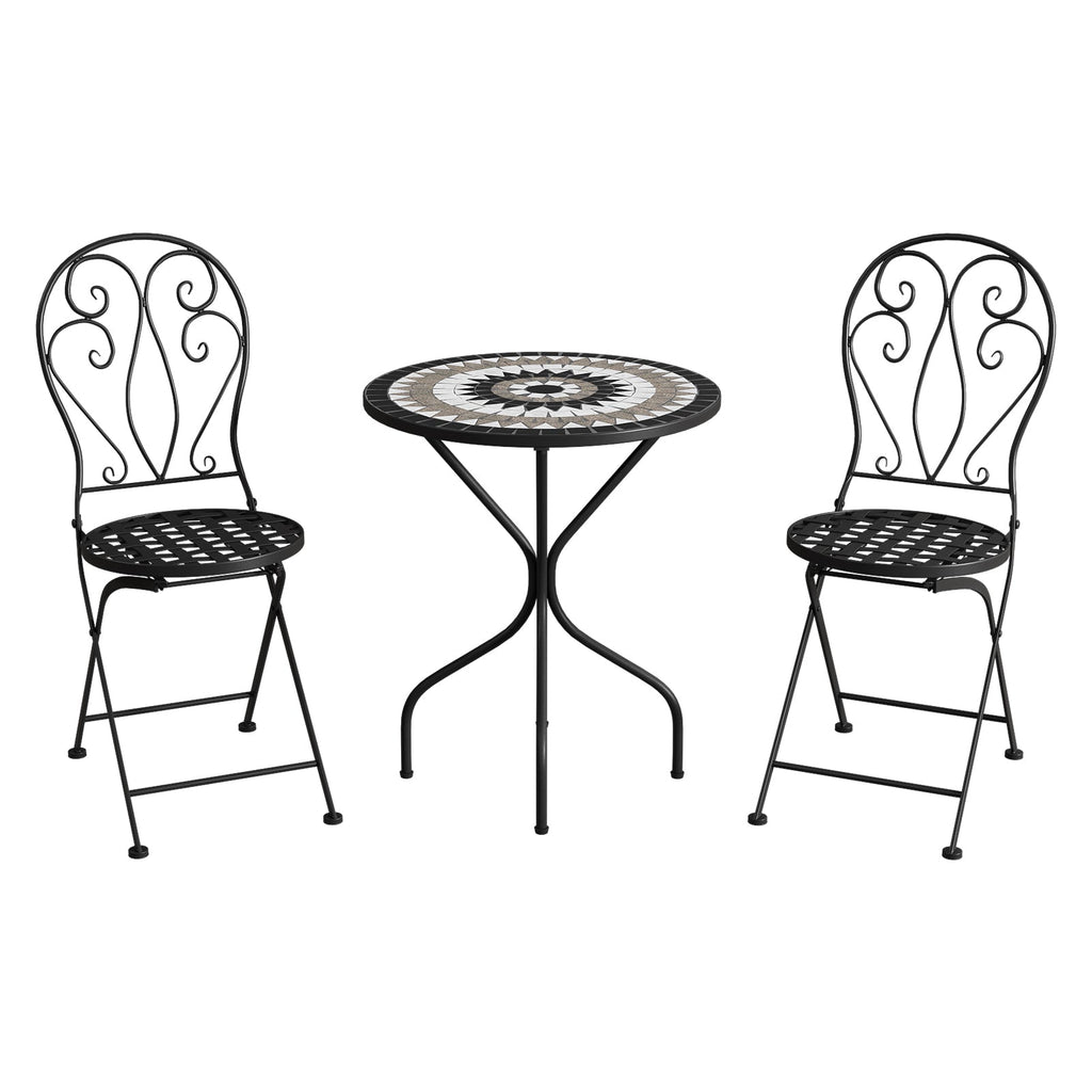 3 Piece Black Aluminium Garden Bistro Set with Mosaic Table Top