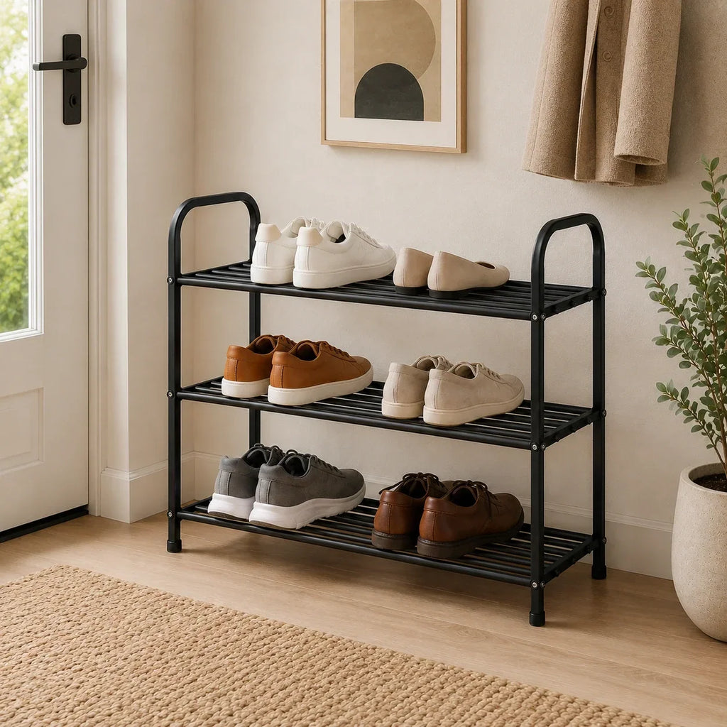 3-Tier Freestanding Metal Shoe Rack, Black, 65 x 28 x 50 cm