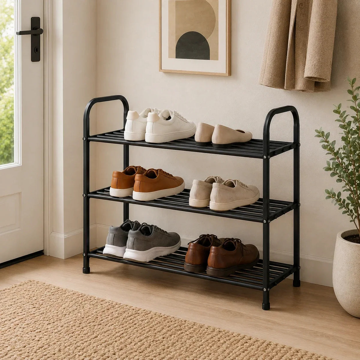 3-Tier Freestanding Metal Shoe Rack, Black, 65 x 28 x 50 cm