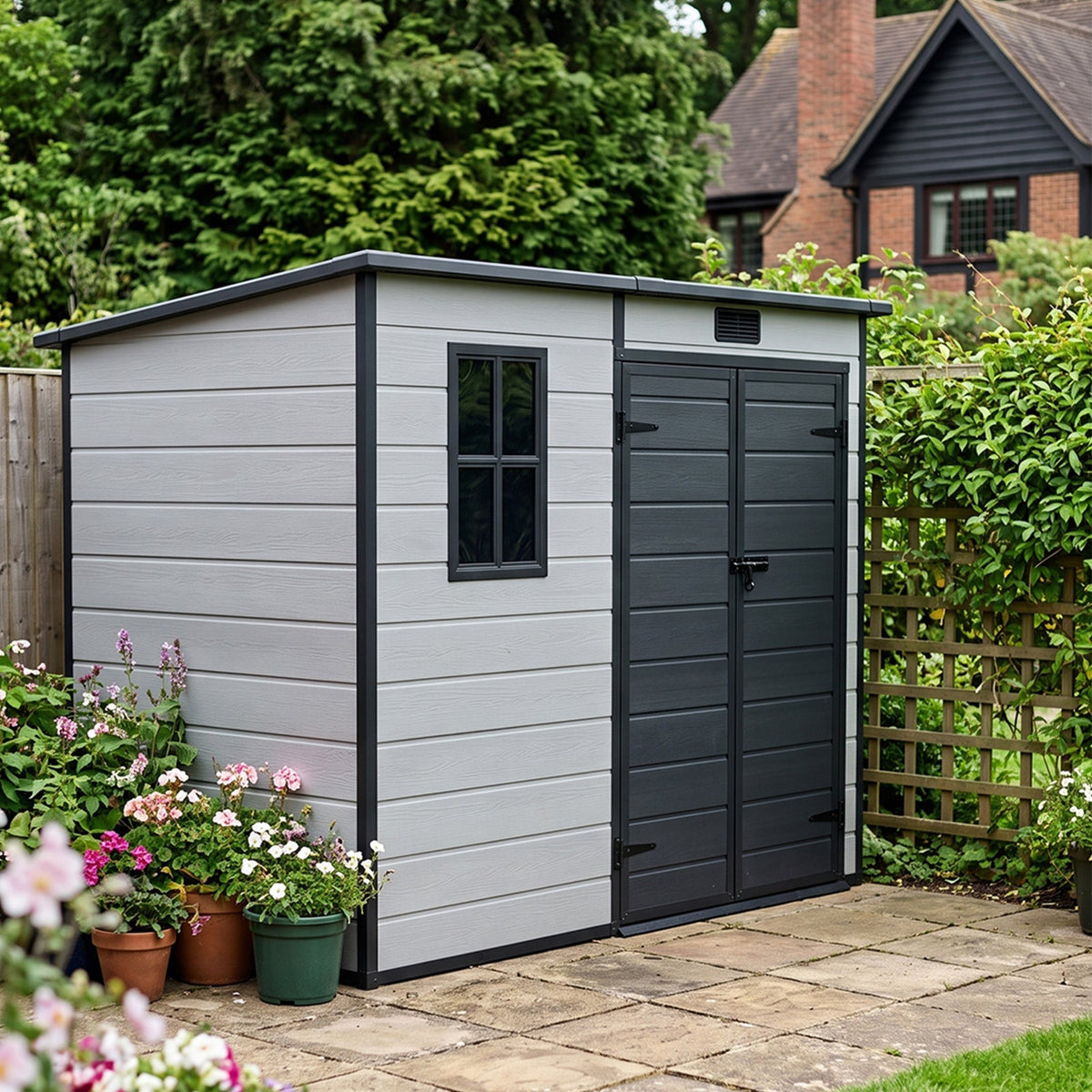 4 x 8 ft Plastic Garden Storage Shed with Pent Roof & Lockable Door