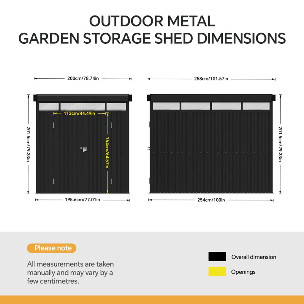 2 x 2.6m Metal Garden Storage Shed with Flat Roof & Lockable Double Doors
