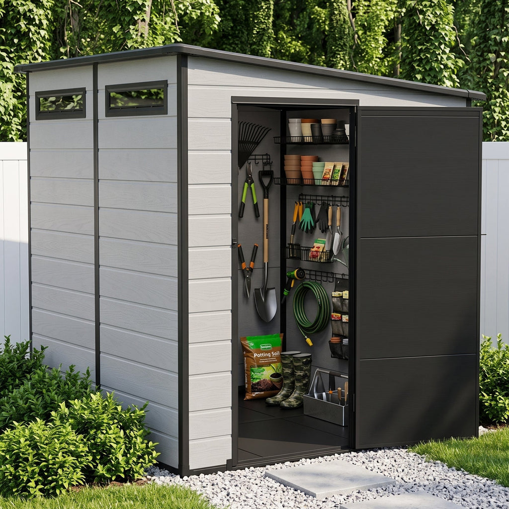 6 x 6 ft Plastic Garden Storage Shed with Pent Roof & Lockable Door