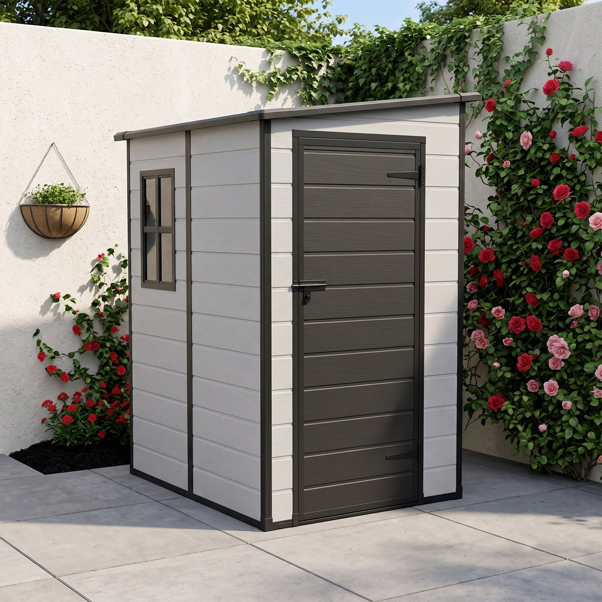 4 x 5 ft Plastic Garden Storage Shed with Pent Roof & Lockable Door
