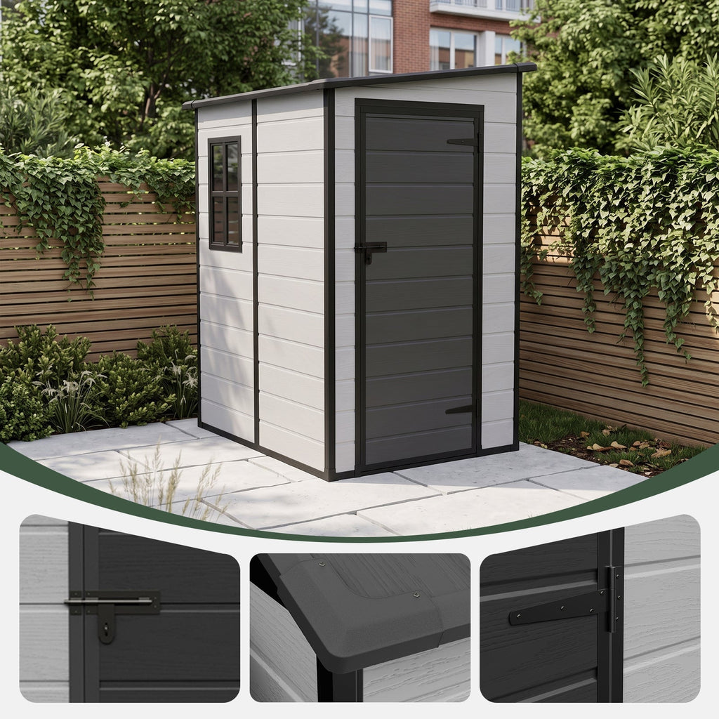 4 x 5 ft Plastic Garden Storage Shed with Pent Roof & Lockable Door