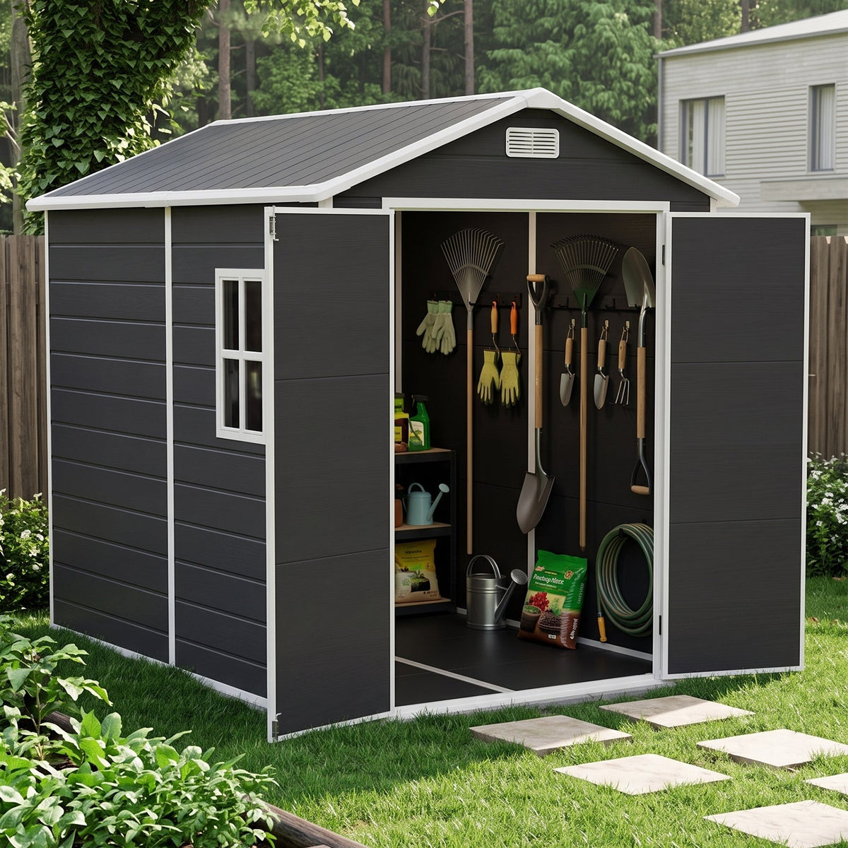 6 x 8 ft Plastic Garden Storage Shed with Apex Roof & Lockable Double Doors