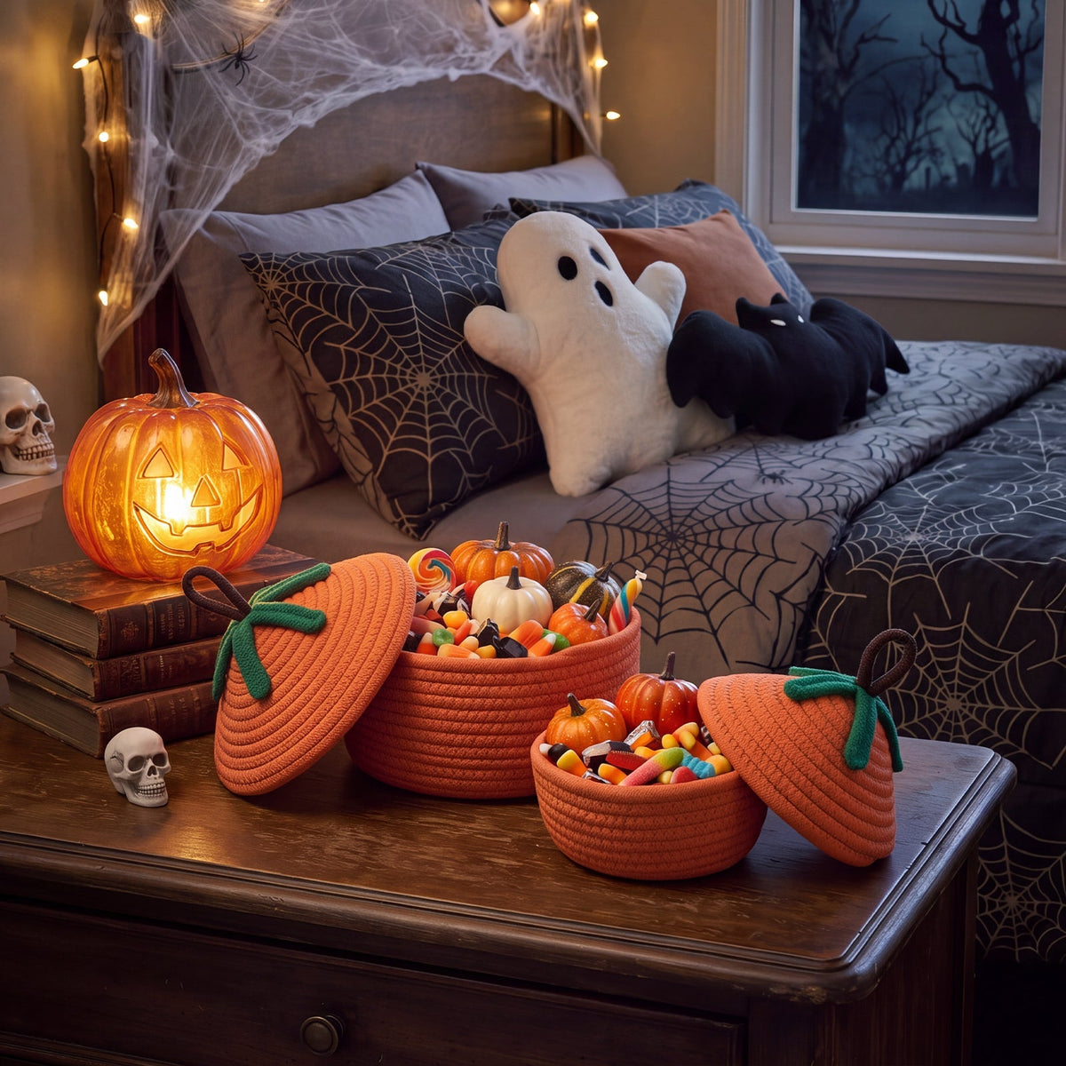 2-Piece Decorative Halloween Pumpkin Woven Baskets with Lids