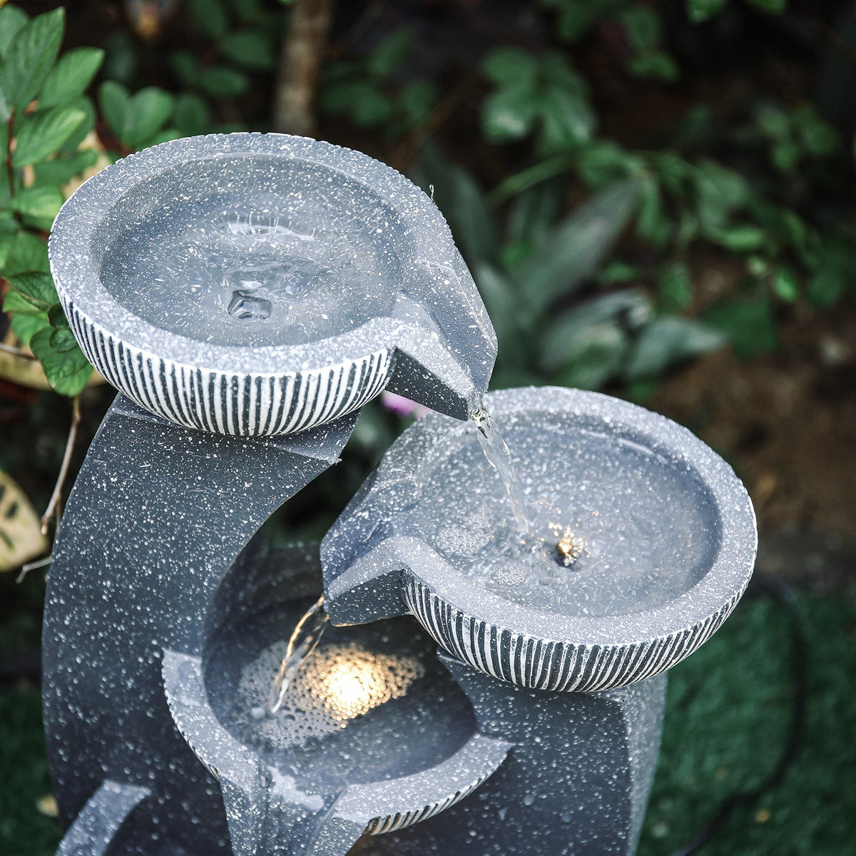 4-Tiered Garden Cascading Water Fountain with LED Lights Bowls Decorated