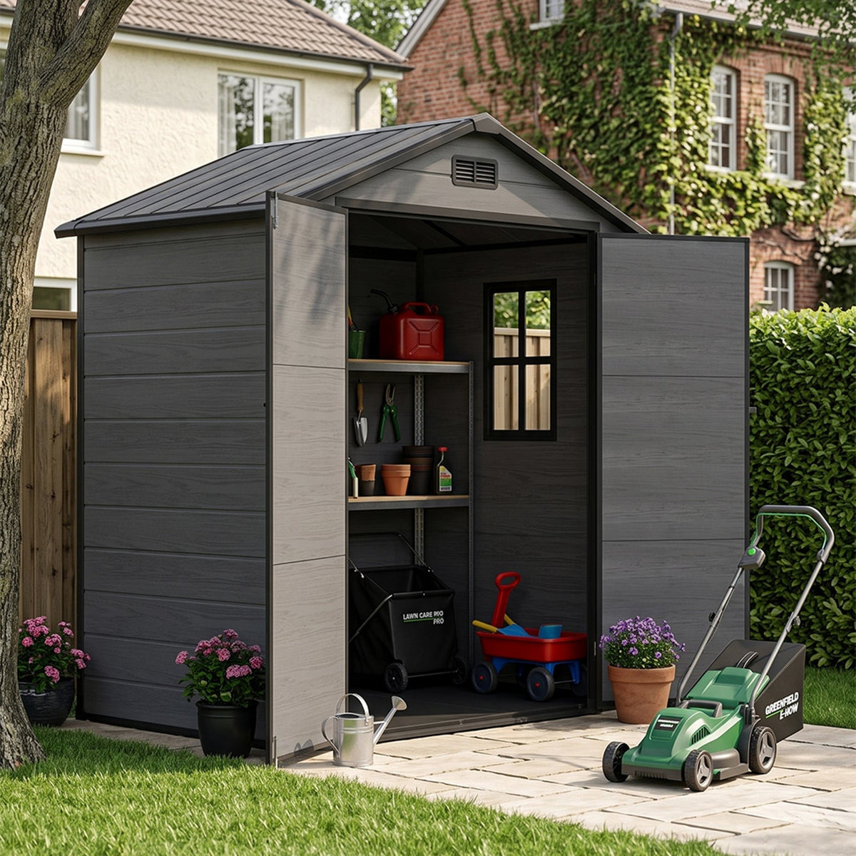 6 x 4 ft Plastic Garden Storage Shed with Apex Roof & Padlockable Double Doors
