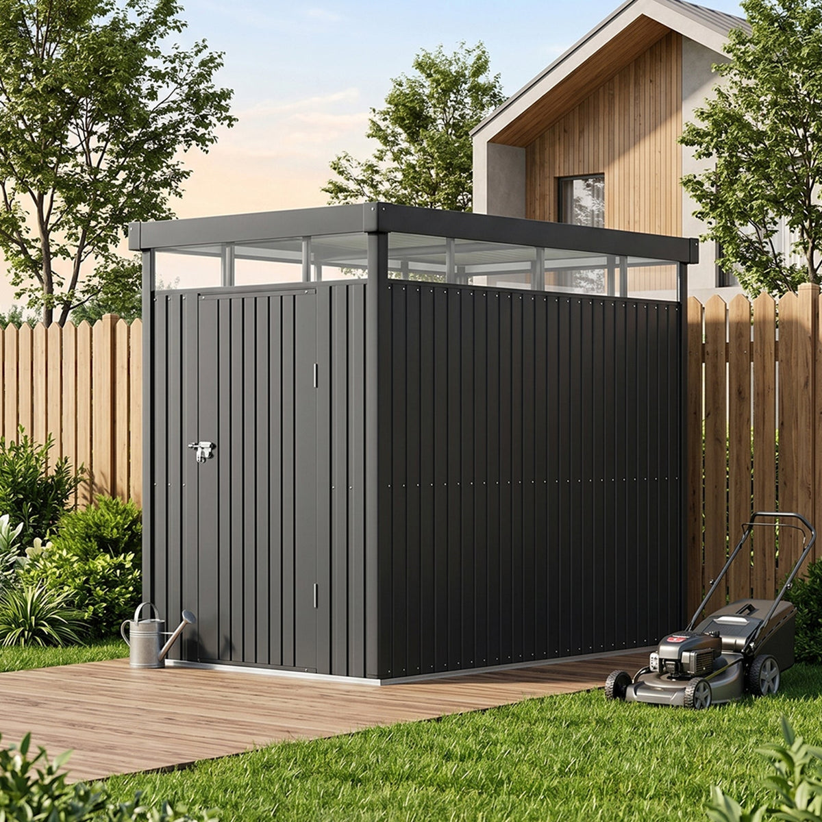 162cm Wide Metal Garden Storage Shed with Flat Roof & Lockable Door