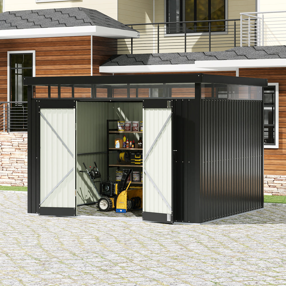 10 x 8 ft Metal Garden Storage Shed with Flat Roof & Double Doors