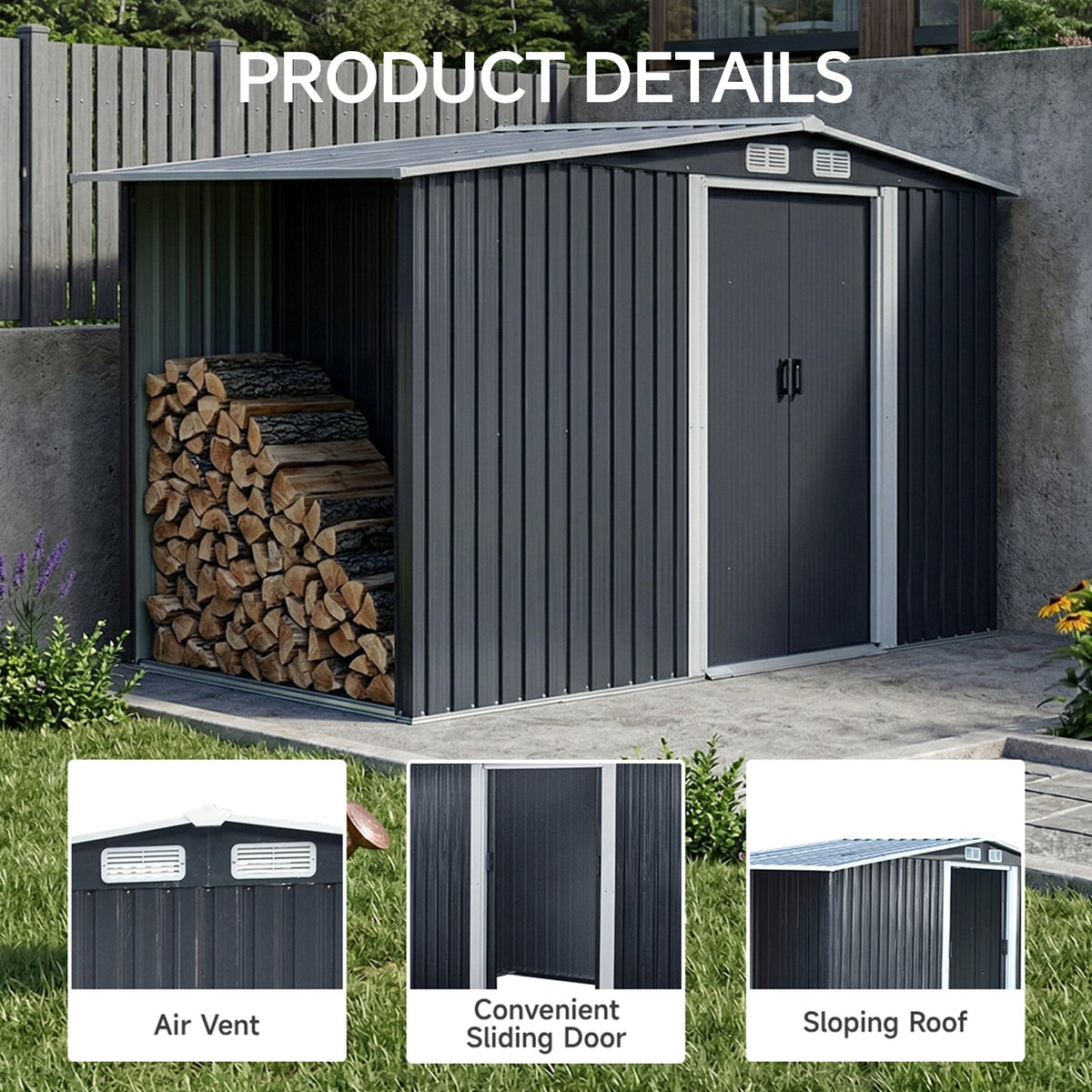 8 x 4 ft Metal Garden Storage Shed with Apex Roof & Integrated Log Store