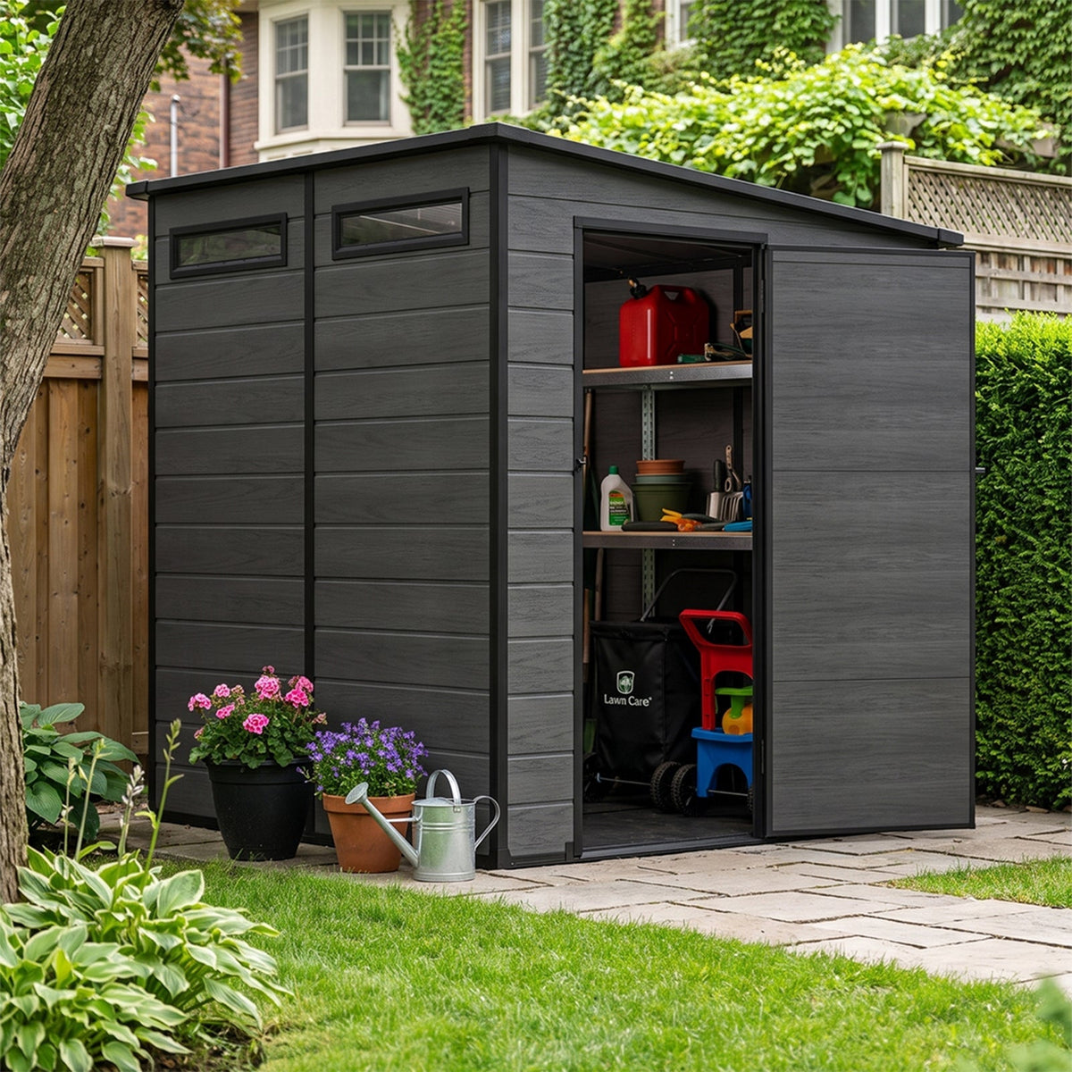 6 x 6 ft Plastic Garden Storage Shed with Pent Roof & Lockable Door