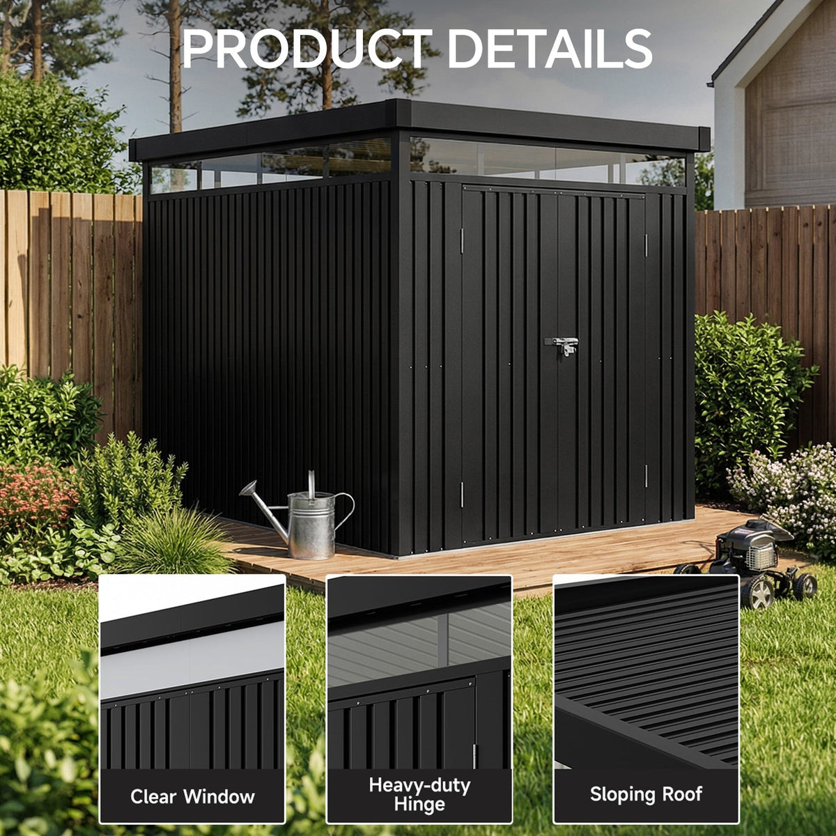 2 x 2.6m Metal Garden Storage Shed with Flat Roof & Lockable Double Doors
