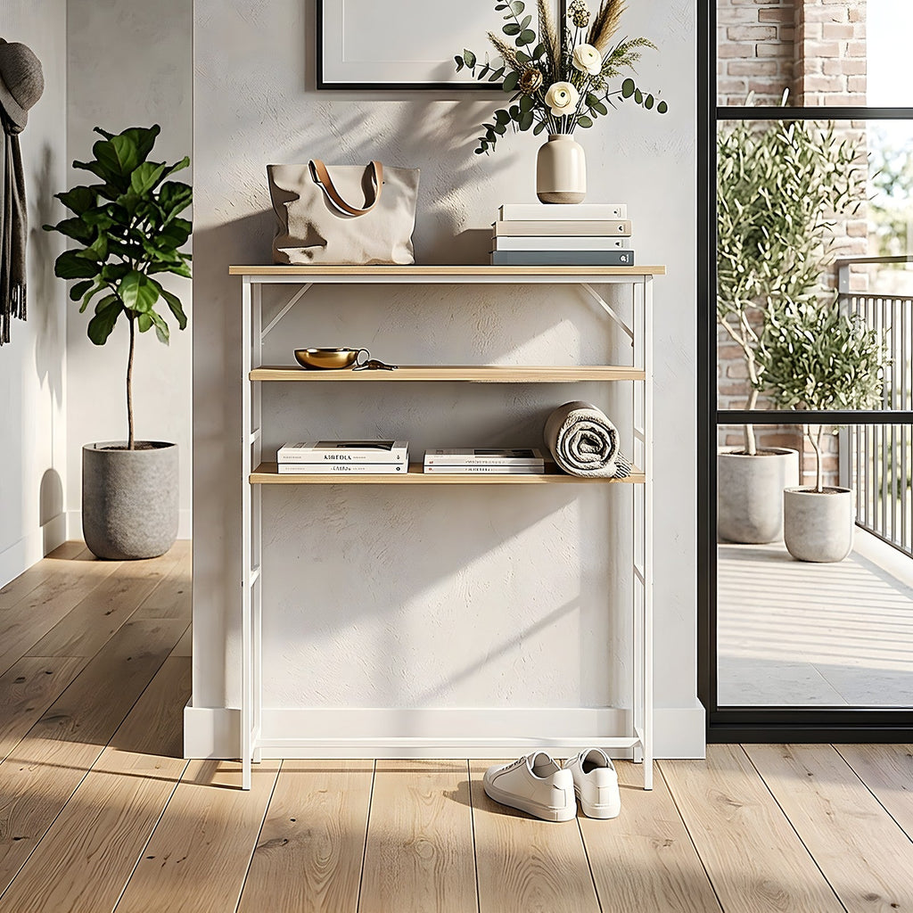 Garden Sanctuary 3-Tier Wood-Grain Narrow Console Table rack with sleek, natural wood finish, ideal for entryway or living room decor.