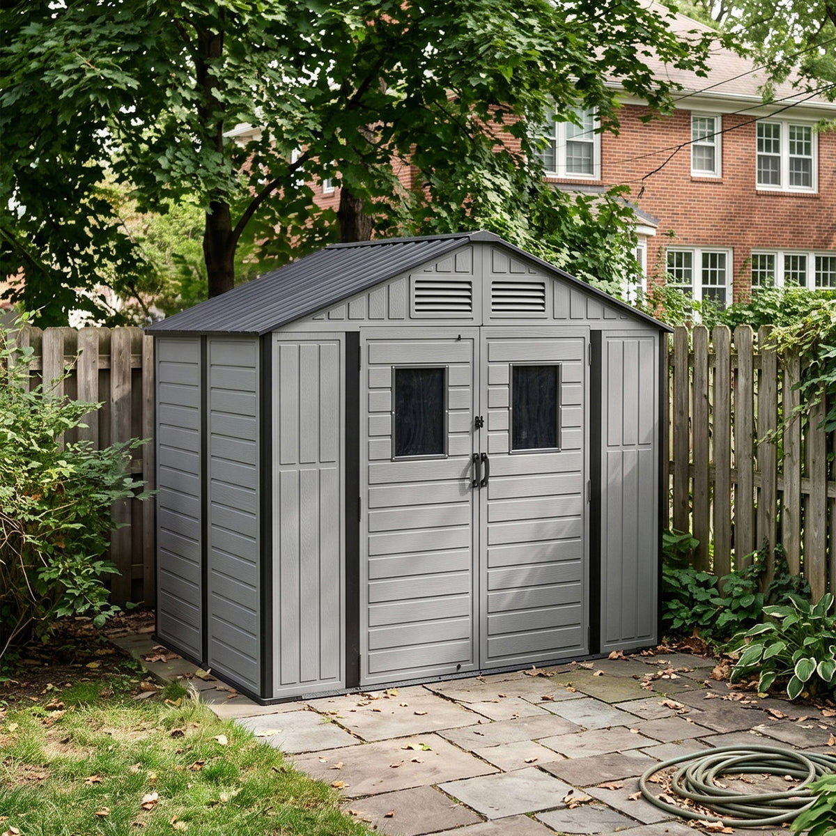 8 x 4 ft Plastic Garden Storage Shed with Apex Roof & Double Doors