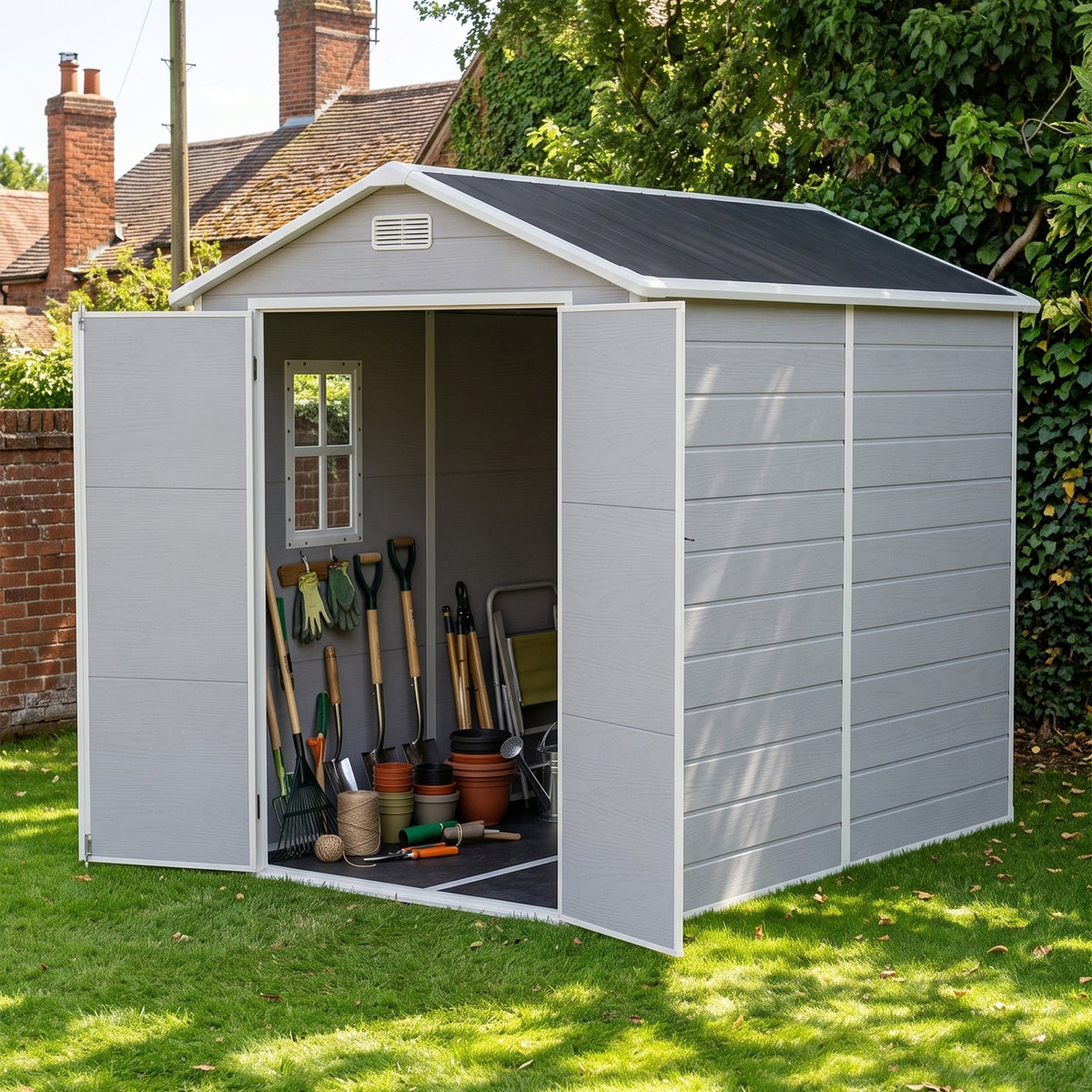 6 x 8 ft Plastic Garden Storage Shed with Apex Roof & Double Doors