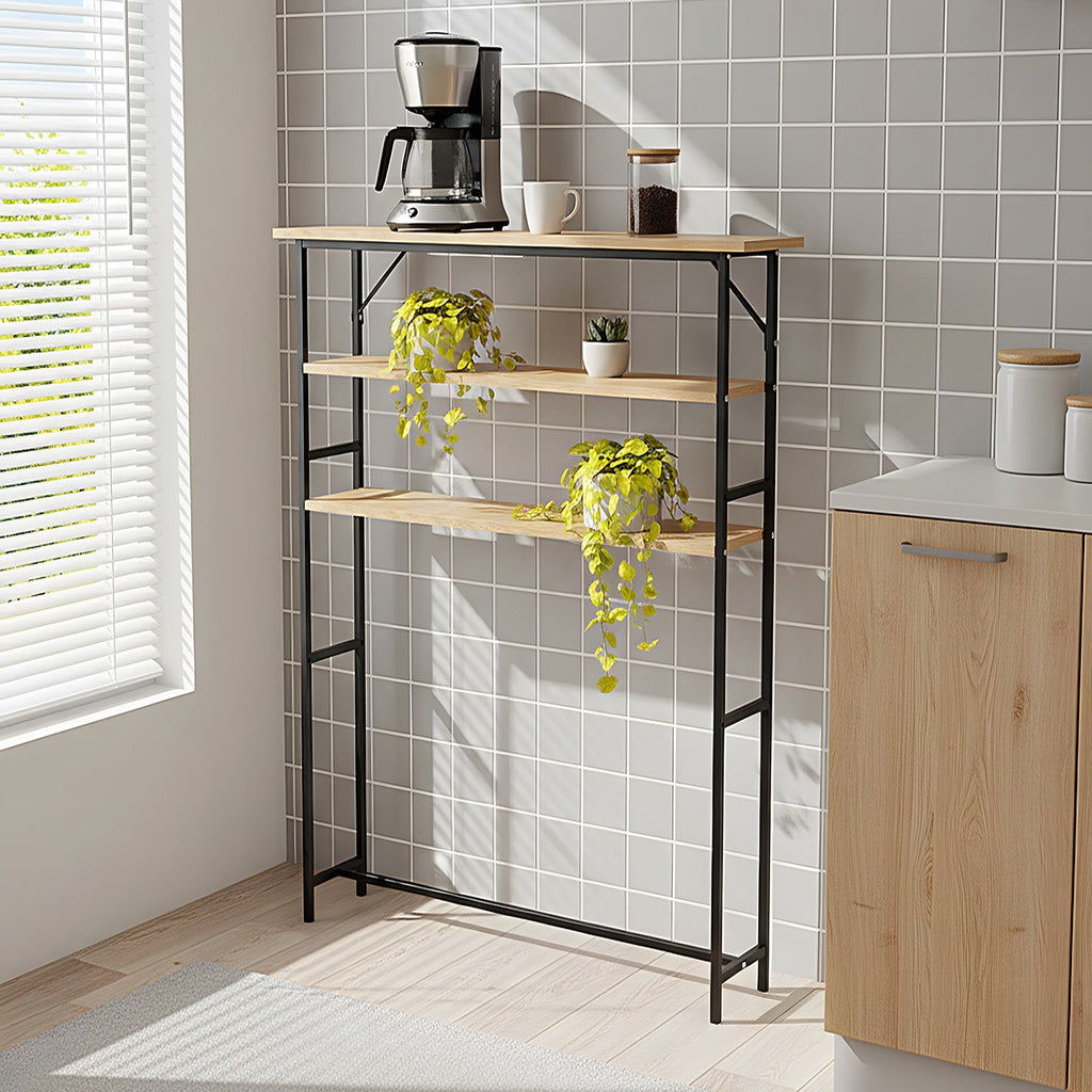 Wood-grain 3-tier narrow console table rack by Garden Sanctuary, ideal for entryways or living room decor.