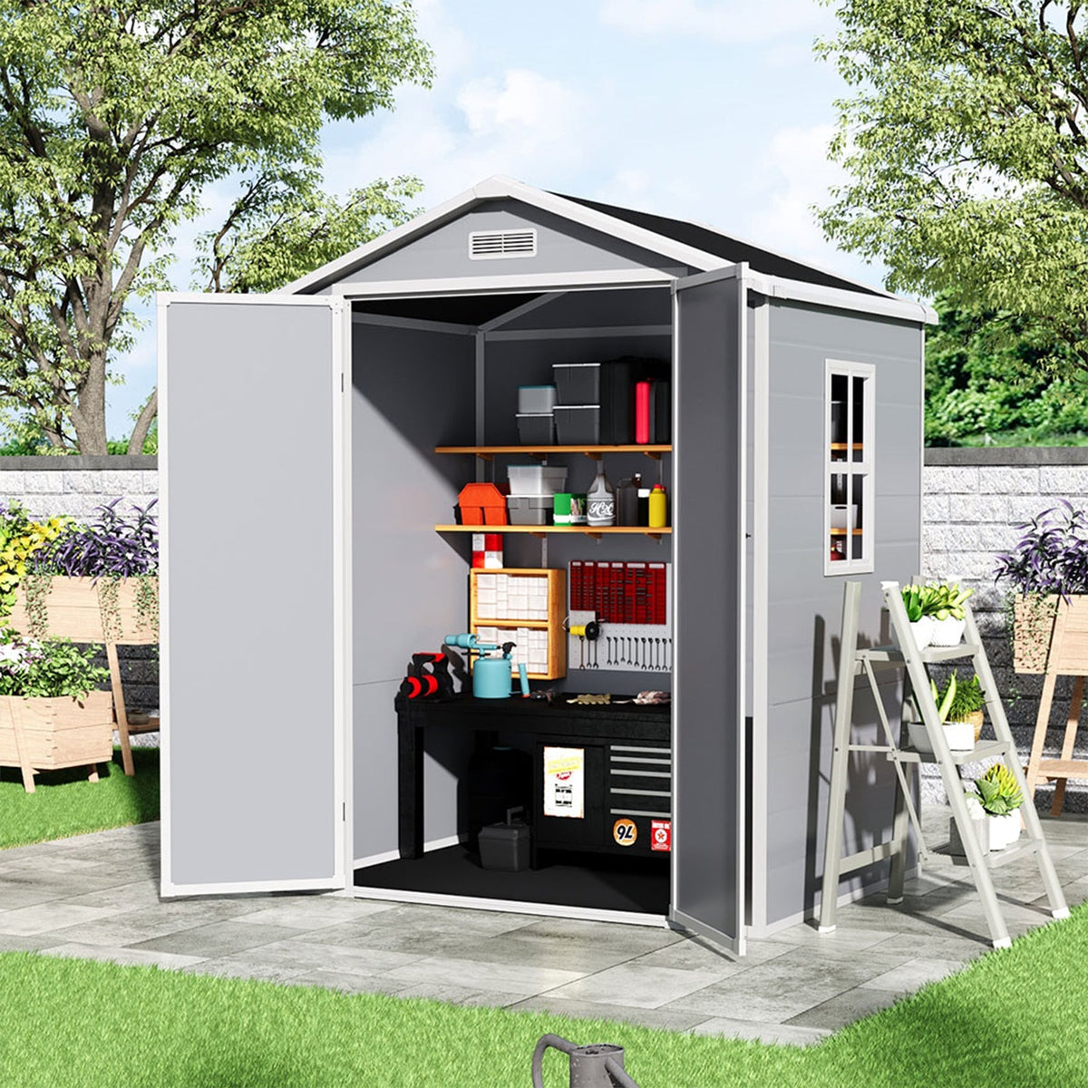 6 x 4.4 ft Plastic Garden Storage Shed with Apex Roof & Double Doors