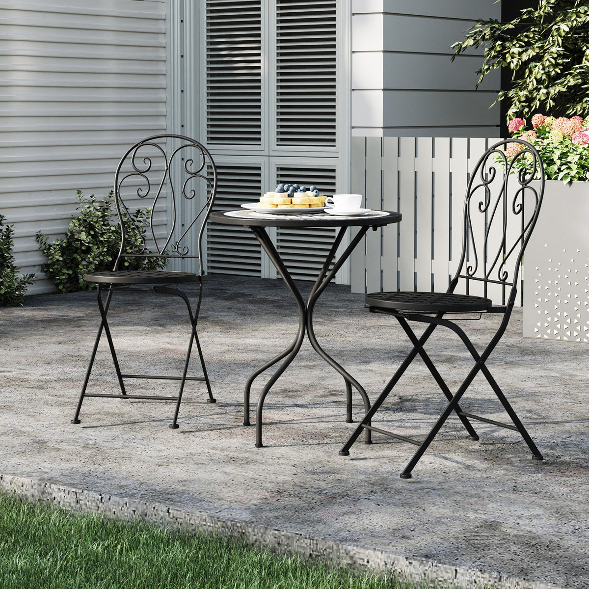 3 Piece Black Aluminium Garden Bistro Set with Mosaic Table Top