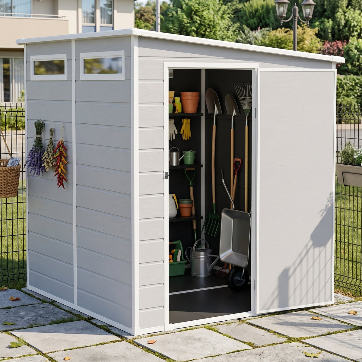6 x 6 ft Plastic Garden Storage Shed with Pent Roof & Lockable Door