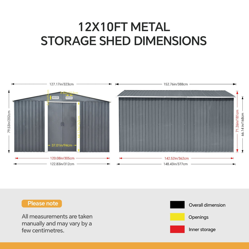10 x 12 ft Metal Garden Storage Shed with Apex Roof