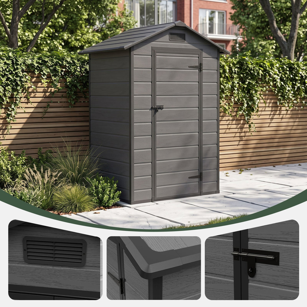 4.4 x 3.4 ft Plastic Garden Storage Shed with Apex Roof & Lockable Hinged Door