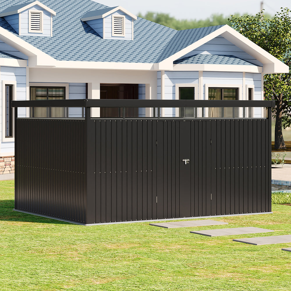 13 x 10 ft Metal Garden Storage Shed with Flat Roof & Padlockable Double Doors
