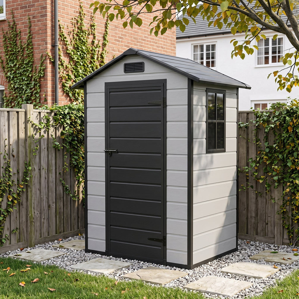 4.4 x 3.4 ft Plastic Garden Storage Shed with Apex Roof & Lockable Hinged Door