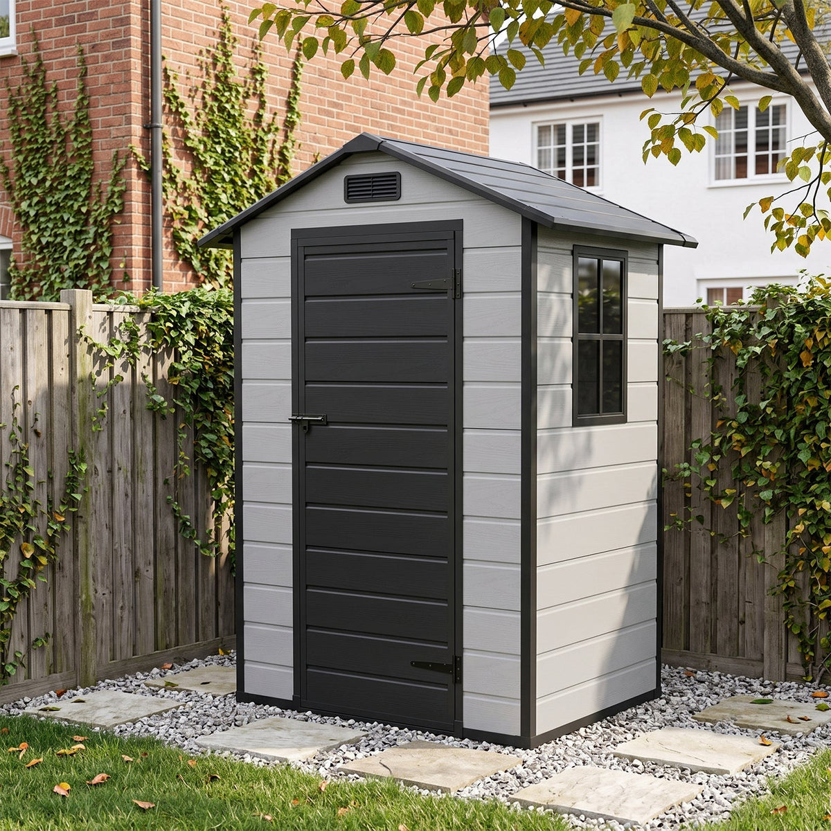 4.4 x 3.4 ft Plastic Garden Storage Shed with Apex Roof & Lockable Hinged Door