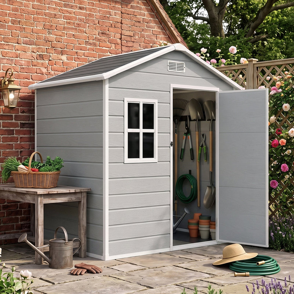 6 x 4 ft Plastic Garden Storage Shed with Apex Roof & Lockable Door