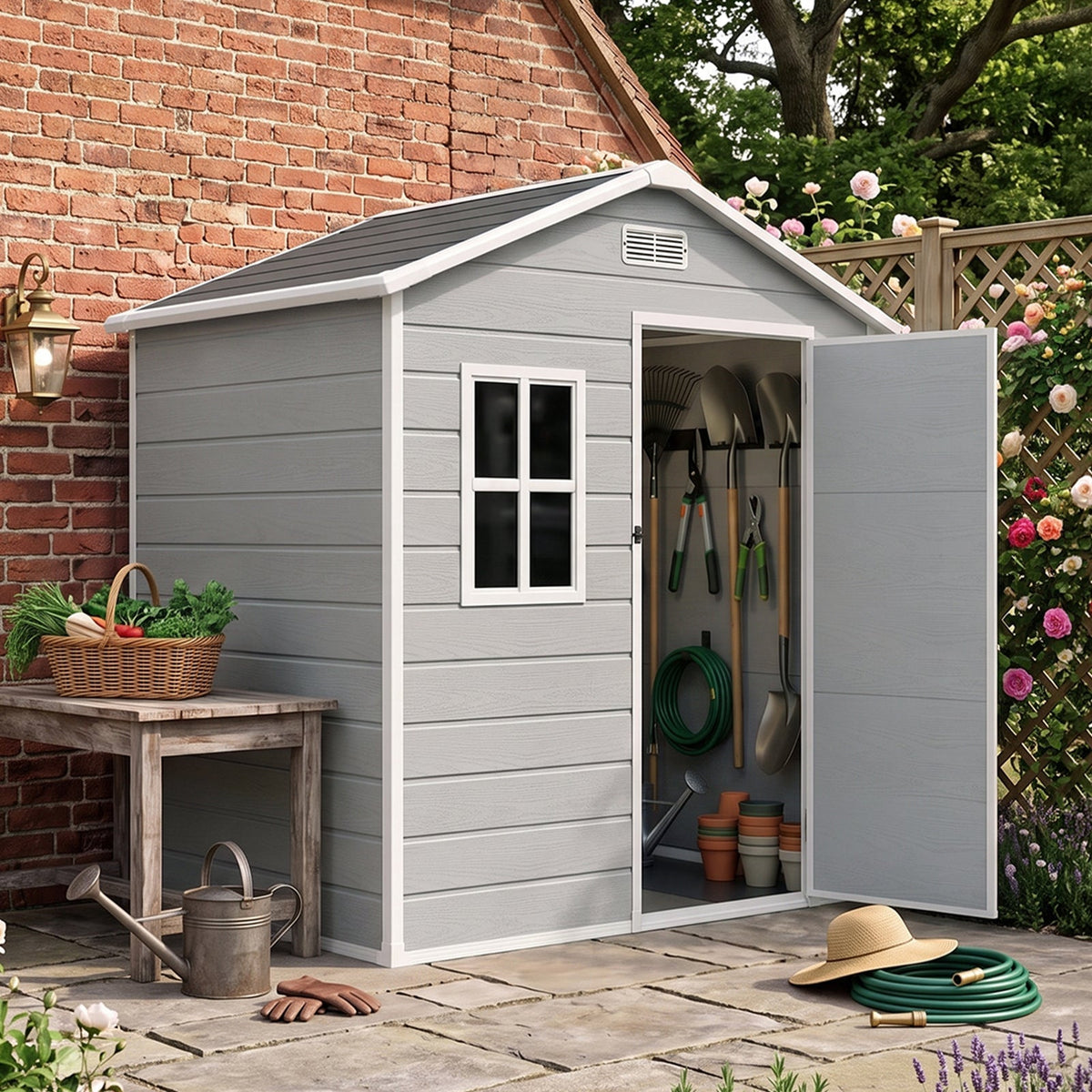 6 x 4 ft Plastic Garden Storage Shed with Apex Roof & Lockable Door