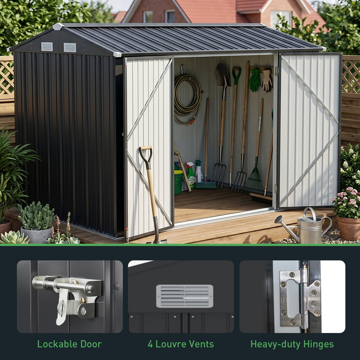 10 x 7 ft Metal Garden Storage Shed with Apex Roof & Double Doors