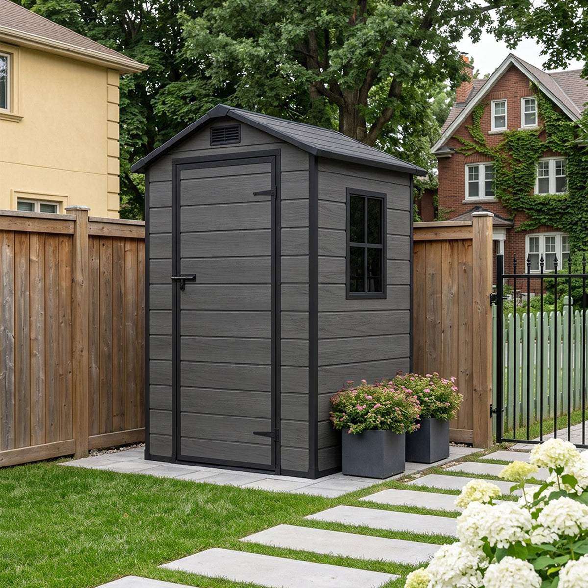 4.4 x 3.4 ft Plastic Garden Storage Shed with Apex Roof & Lockable Hinged Door