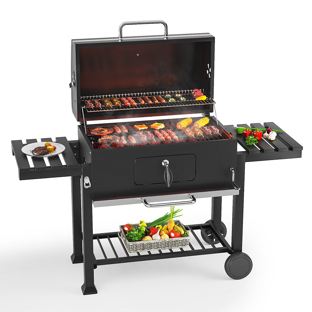 160CM Wide Barrel Charcoal Outdoor Grill with Side Shelves