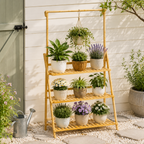3-Tier Foldable Wooden Ladder Shelf with Hanging Rod