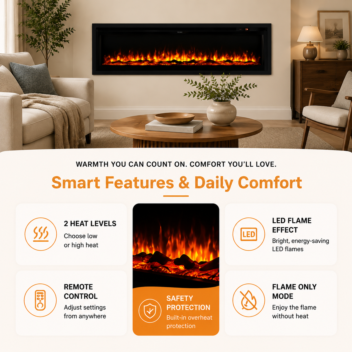 40/50/60 Inch Electric Fire with 12 Flame Colours & Remote Control